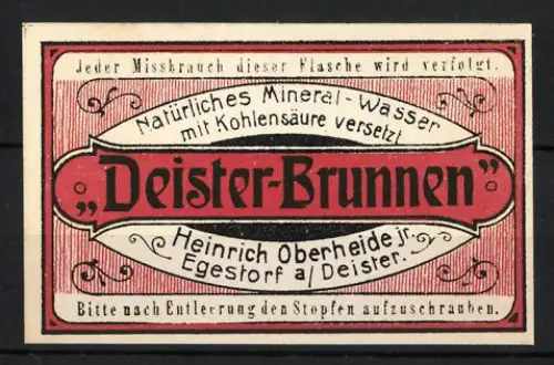 Reklamemarke Egestorf, Heinrich Oberheide jr., Deister-Brunnen, Mineralwasser mit Kohlensäure, Logo