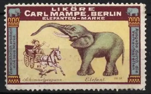 Reklamemarke Berlin, Carl Mampe, Liköre, Elefant erschreckt einen Kutscher
