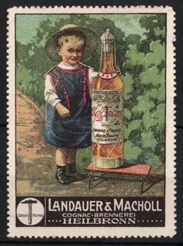 Reklamemarke Heilbronn, Landauer & Macholl, Cognac-Brennerei, Kind mit Cognacflasche