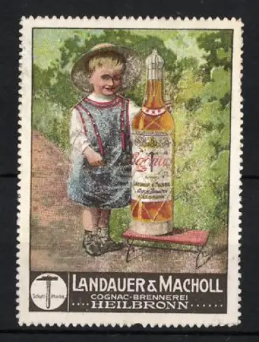 Reklamemarke Heilbronn, Landauer & Macholl, Cognac-Brennerei, Kind mit Cognacflasche
