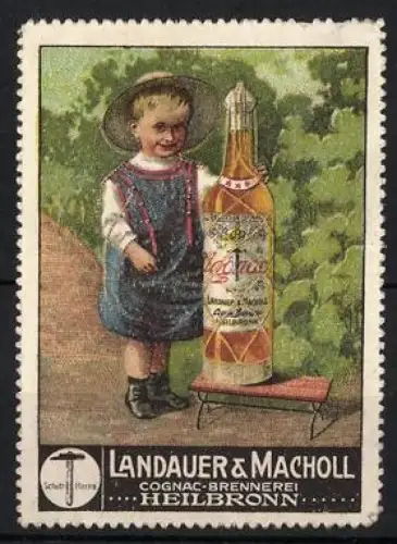 Reklamemarke Heilbronn, Landauer & Macholl, Cognac-Brennerei, Kind mit grosser Flasche