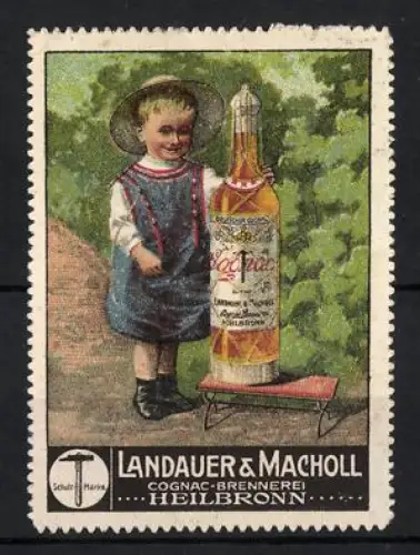Reklamemarke Heilbronn, Landauer & Macholl, Cognac-Brennerei, Kind mit Cognacflasche