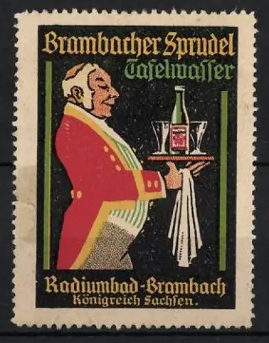 Reklamemarke Brambach, Brambacher Sprudel Tafelwasser, Mineralwasser, Kellner mit Tablett