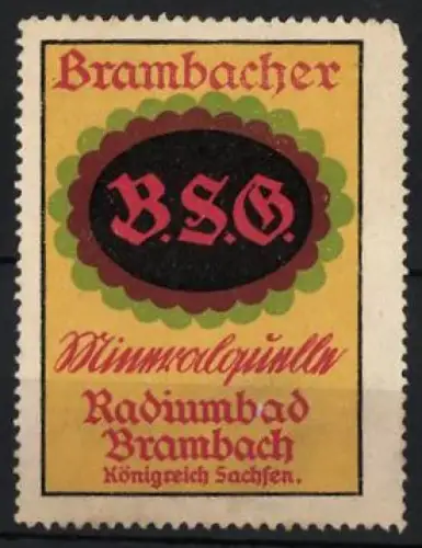 Reklamemarke Brambach, Mineralquelle, Tafel- und Mineralwasser, B.S.G.-Logo