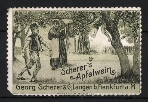 Reklamemarke Langen b. Frankfurt, Georg Scherer & Co., Apfelwein, Szene bei der Apfelernte