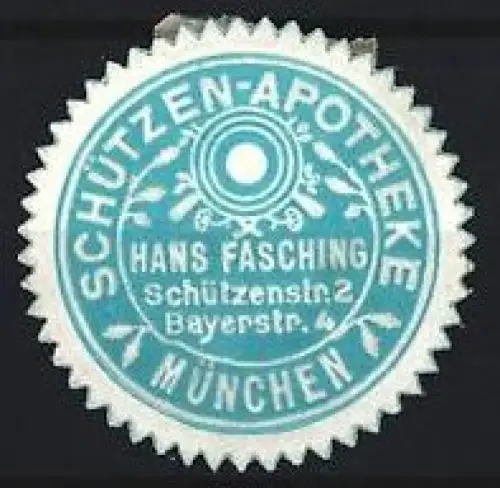 Reklamemarke München, Schützen-Apotheke Hans Fasching, Schützenstr. 2, Zielscheibe