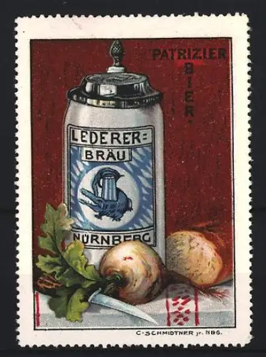 Künstler-Reklamemarke Nürnberg, Lederer Bräu, Bierkrug mit Wappen, Künstler: C. Schmidtner jr