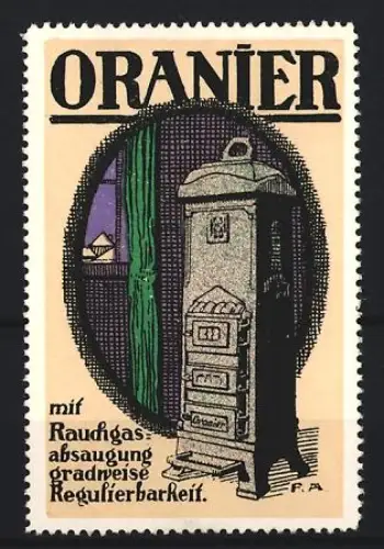 Reklamemarke Oranier, Rauchgasabsaugung, Ofenillustration