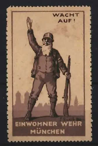 Reklamemarke München, Wacht auf !, Mitglied der Einwohnerwehr mit Gewehr
