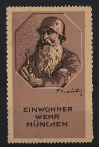 Reklamemarke München, Mitglied der Einwohnerwehr München mit Armbinde und Stahlhelm