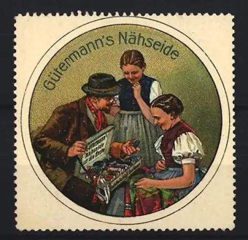 Reklamemarke Gütermann`s Nähseide, Nähgarn, Personen mit Garnbox
