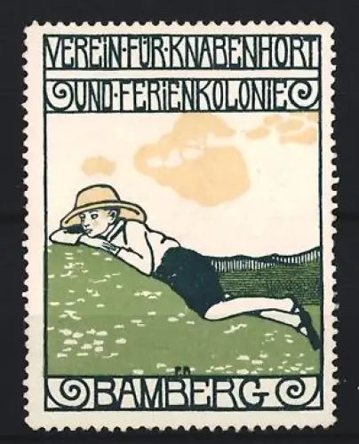Reklamemarke Bamberg, Verein für Knabenhort und Ferienkolonie, Junge auf Wiese