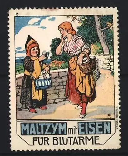 Reklamemarke Maltzym mit Eisen, Mutter mit Kind und Korb