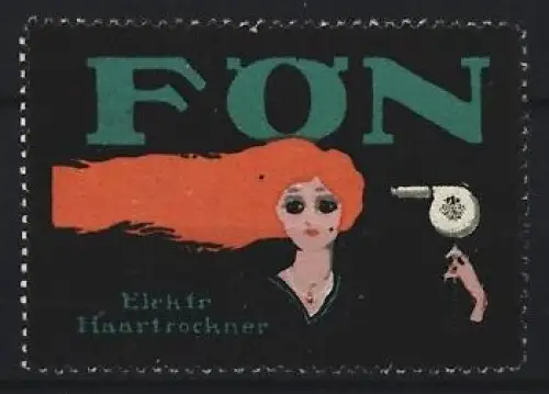 Reklamemarke Fön, Elektrischer Haartrockner, Frau mit Haarföhn