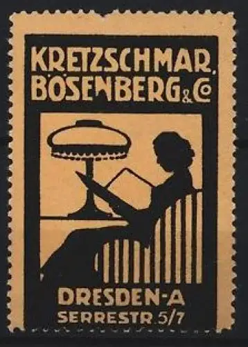 Reklamemarke Dresden, Kretzschmar Bösenberg & Co, Serrestr. 5/7, Lesende Frau mit Lampe