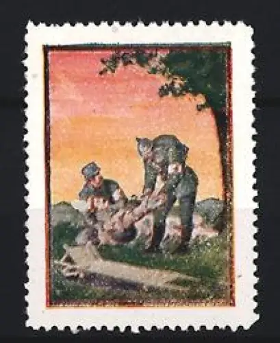 Reklamemarke Rotes Kreuz, Sanitäter im Einsatz, Sonnenuntergangshimmel