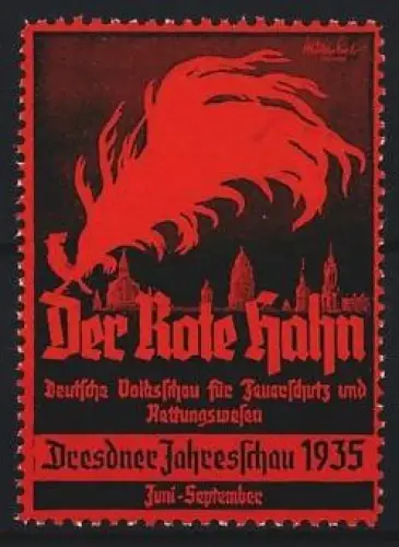 Reklamemarke Dresden, Der Rote Hahn, Deutsche Volksschau für Feuerschutz und Rettungswesen 1935