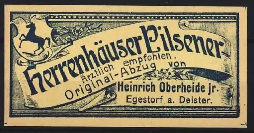 Reklamemarke Egestorf a. Deister, Herrenhäuser Pilsener, Heinrich Oberheite jr., springendes Pferd