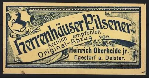 Reklamemarke Egestorf, Herrenhäuser Pilsener, Heinrich Oberheite jr., springendes Ross