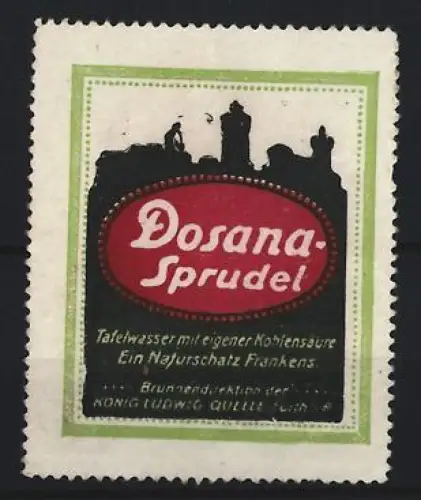 Reklamemarke König-Ludwig-Quelle, Dosana-Sprudel, Silhouette einer Stadt