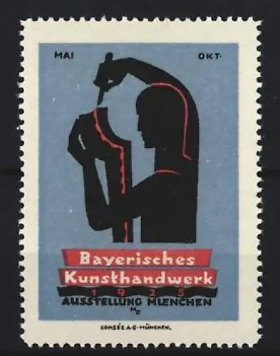 Reklamemarke München, Bayerisches Kunsthandwerk 1925, Silhouette eines Handwerkers