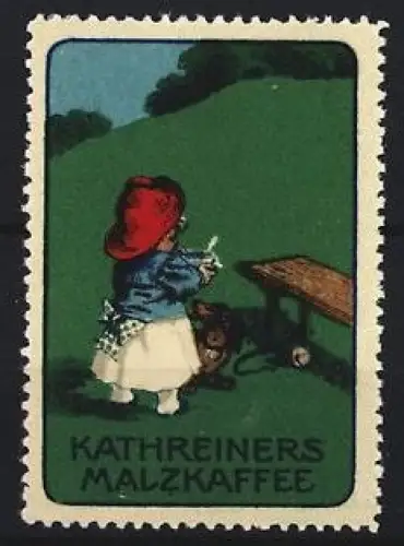 Reklamemarke Kathreiners Malzkaffee, Kind mit rotem Hut und Dackel