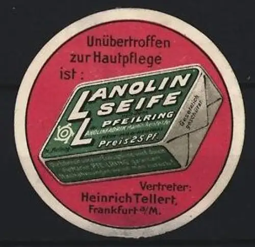 Reklamemarke Frankfurt am Main, Lanolin Seife Pfeilring, Seifenverpackung