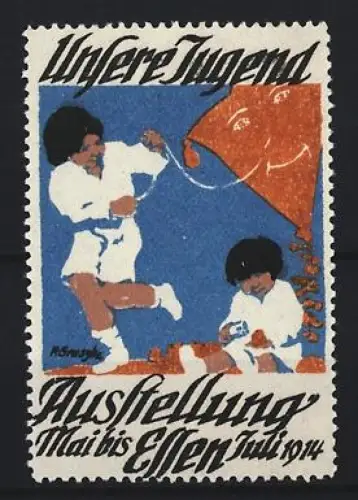 Reklamemarke Essen, Ausstellung Unsere Jugend 1914, Drachensteigen