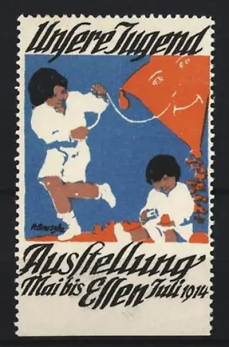 Reklamemarke Essen, Ausstellung Unsere Jugend 1914, Kinder beim Drachensteigen