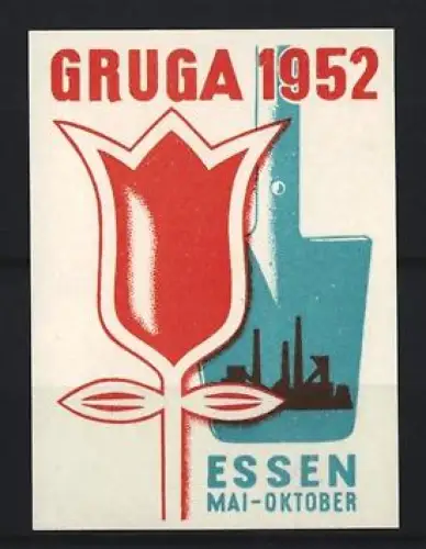 Reklamemarke Essen, Gruga 1952, Tulpe und Industriegebäude