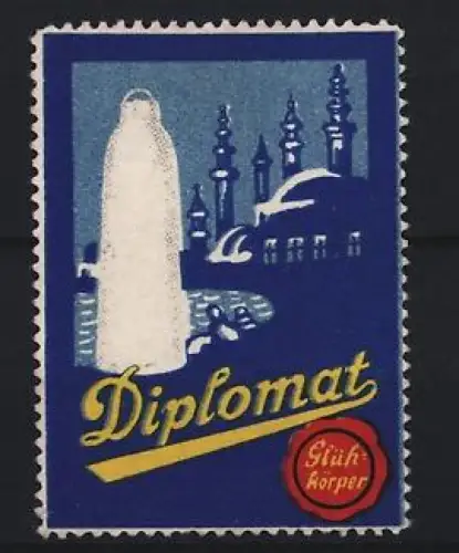 Reklamemarke Diplomat, Glühkörper, Ortsansicht mit Moschee