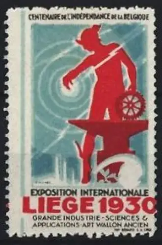 Reklamemarke Lüttich, Exposition Internationale 1930, Mensch mit Zahnrad