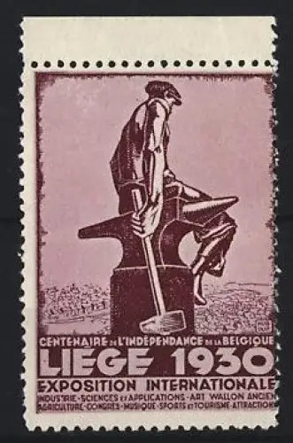 Reklamemarke Liège, Exposition Internationale 1930, Schmied auf Amboss
