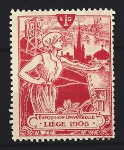 Reklamemarke Lüttich, Exposition Universelle Liège 1905, Frau mit Ortsansicht