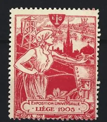 Reklamemarke Liège, Exposition Universelle 1905, Frau vor Ortsansicht