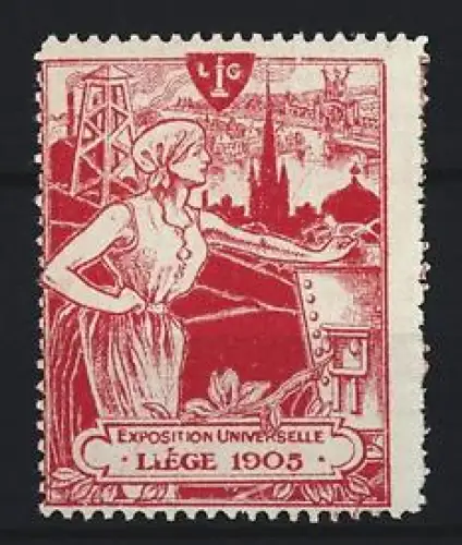 Reklamemarke Liège, Exposition Universelle 1905, Frau mit Lore, Rot