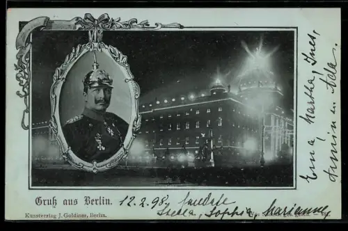 AK Berlin, Schloss bei Nacht, Portrait Kaiser Wilhelm II.
