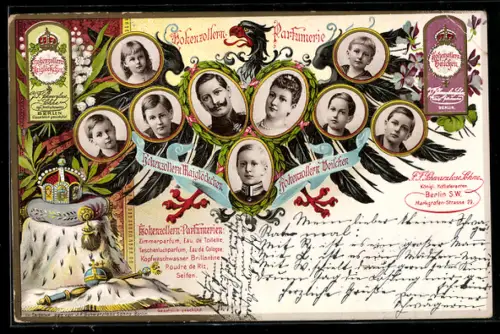 Lithographie Hohenzollern-Parfümerie, Portraits Kaiser Wilhelm II. und Kaiserin Auguste Viktoria