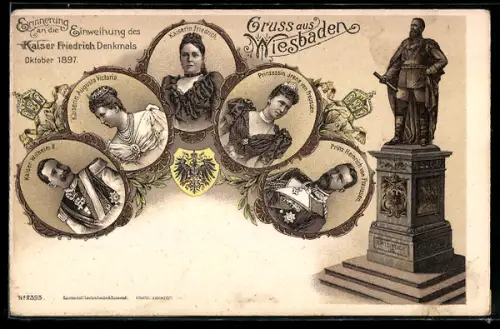 Lithographie Wiesbaden, Einweihung des Kaiser-Friedrich-Denkmals 1897, Kaiser Wilhelm II., Prinz Heinrich