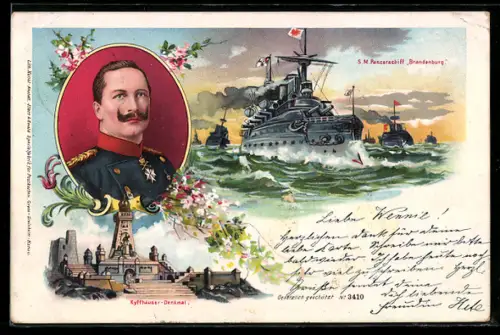 Lithographie Portrait Kaiser Wilhelm II., S.M. Panzerschiff Brandenburg, Kyffhäuser-Denkmal