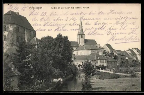 AK Finstingen, Partie an der Saar mit kath. Kirche
