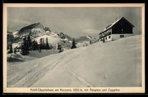 AK Adolf-Zöppritzhaus am Kreuzeck, Ansicht mit Alpspitze u. Zugspitze