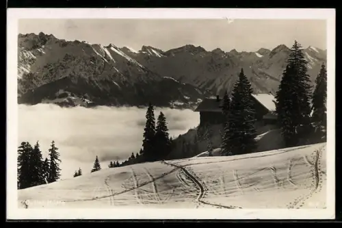 AK Ostler-Hütte, Ansicht mit Tannen im Winter