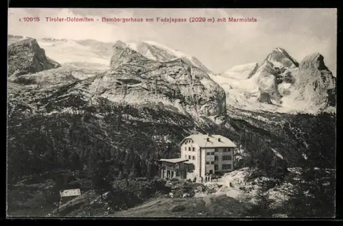AK Bambergerhaus am Fedajapass, Ansicht mit Marmolata