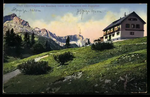 AK Adolf Zöppritzhaus, Ansicht mit Alpspitze, Zugspitze