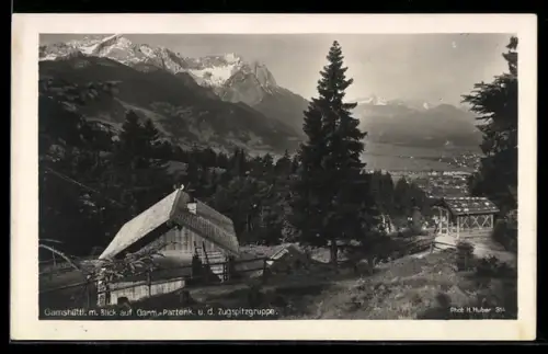 AK Gamshütte, Ansicht mit Garmisch-Partenkirchen u. Zugspitzgruppe