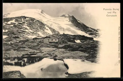 AK Berghütte Fuorcla Surlej, Ansicht mit Piz Corvatsch