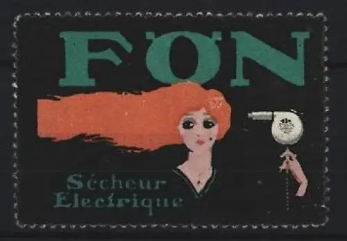 Reklamemarke FON, Haartrockner mit Frau und langem Haar