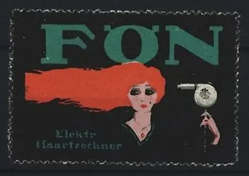 Reklamemarke Fön, Haartrockner, Frau mit langem Haar trocket sich die Haare