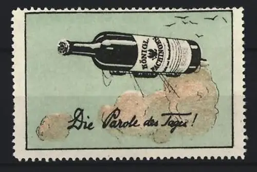 Reklamemarke Königlich Fachingen, Mineralwasser, Fliegende Wasserflasche